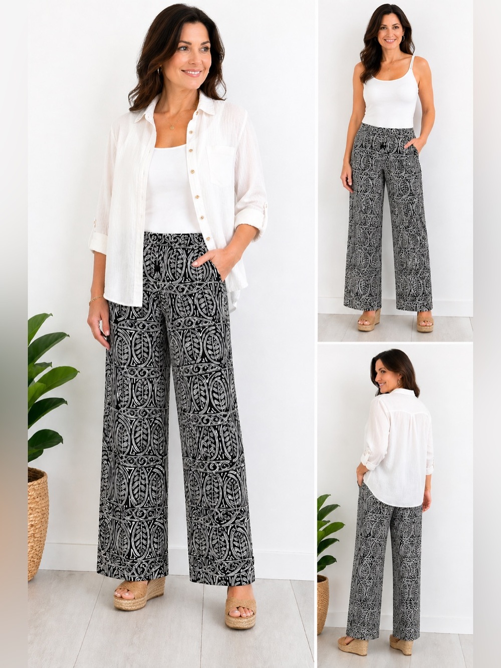 LOFT Black & White Tribal Leaf Print Wide Leg Pants Boho Chic Size 6